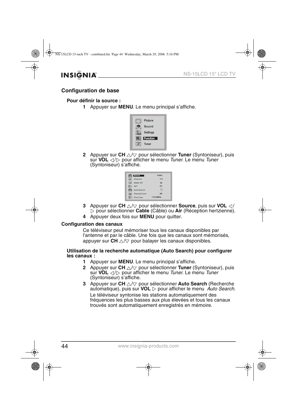 Configuration de base | Insignia NS-15LCD User Manual | Page 45 / 90