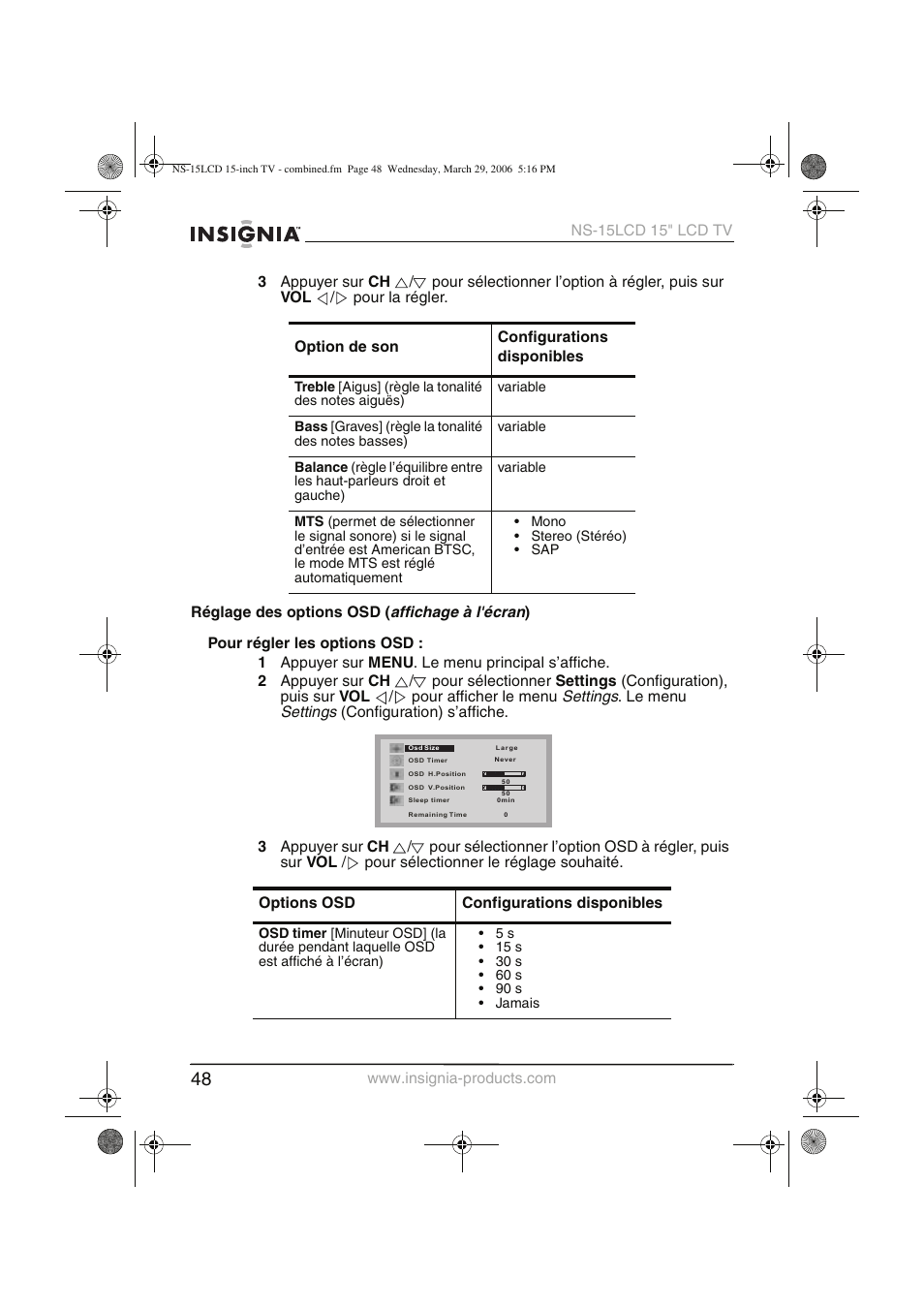 Affichage à l'écran, Settings | Insignia NS-15LCD User Manual | Page 49 / 90