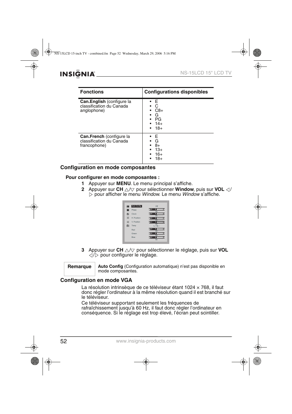 Configuration en mode composantes, Configuration en mode vga, Window | Le menu, Remarque, Fonctions configurations disponibles | Insignia NS-15LCD User Manual | Page 53 / 90