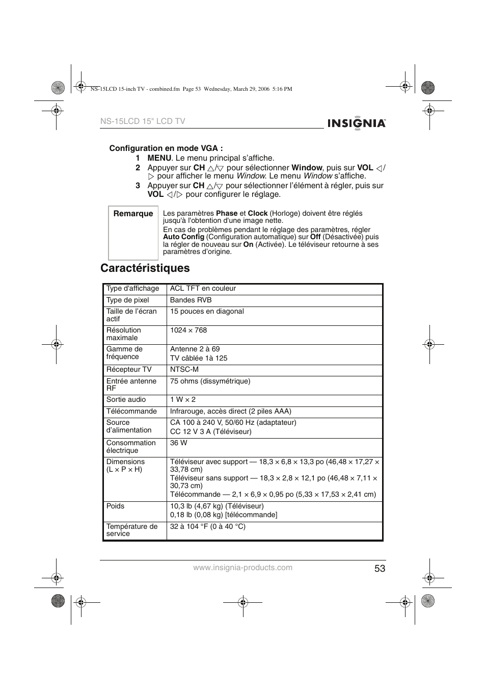 Caractéristiques | Insignia NS-15LCD User Manual | Page 54 / 90