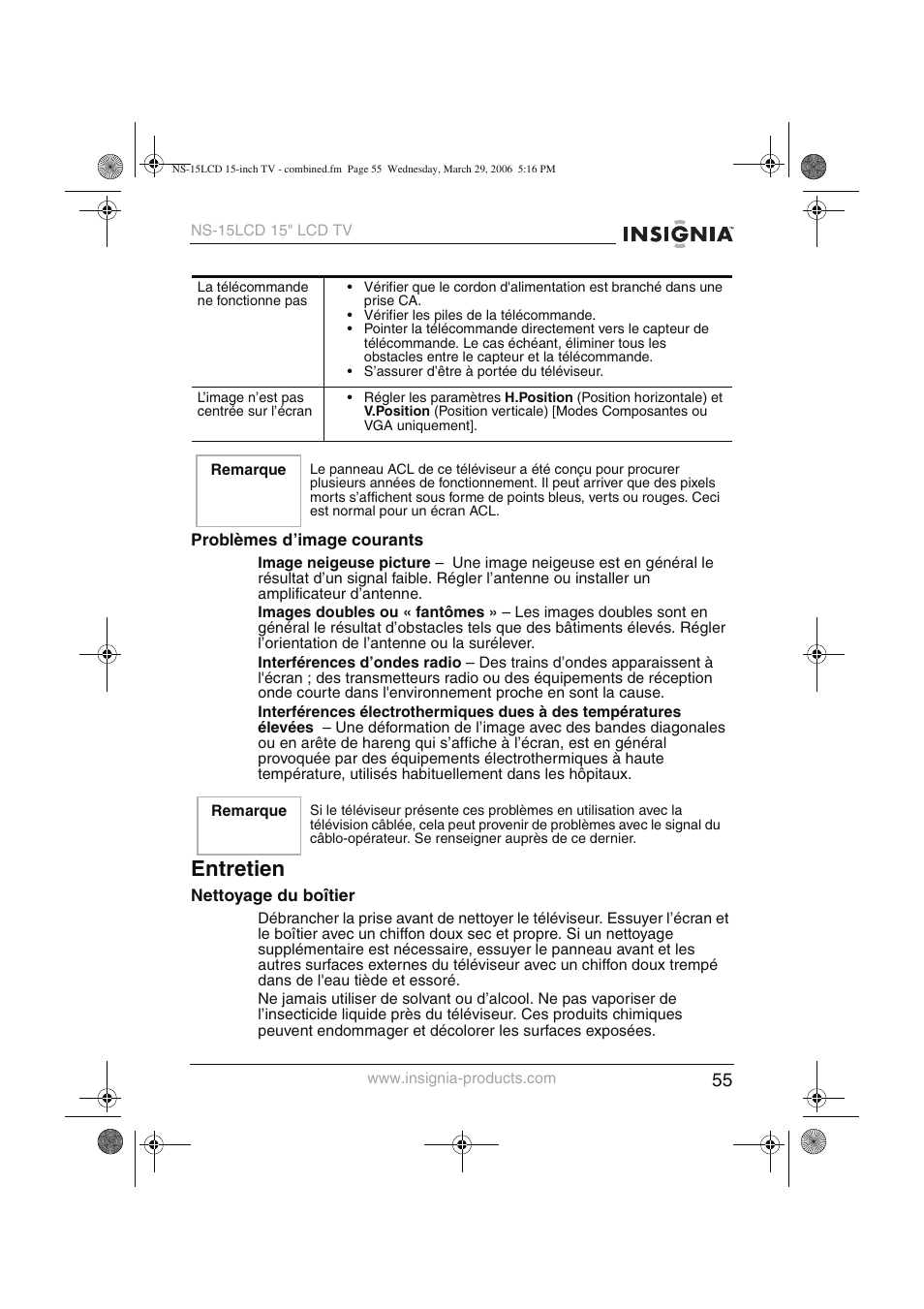 Entretien | Insignia NS-15LCD User Manual | Page 56 / 90