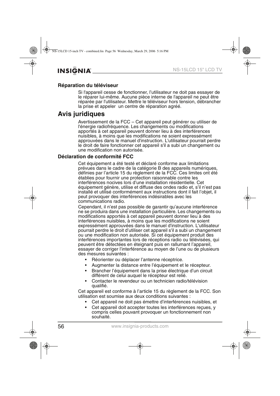 Avis juridiques | Insignia NS-15LCD User Manual | Page 57 / 90