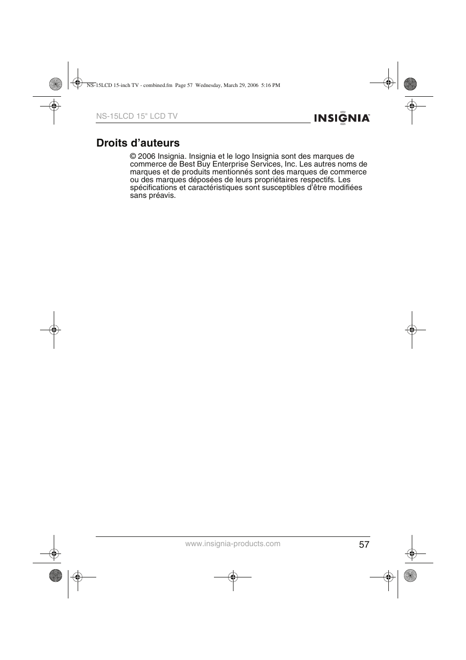 Droits d’auteurs | Insignia NS-15LCD User Manual | Page 58 / 90