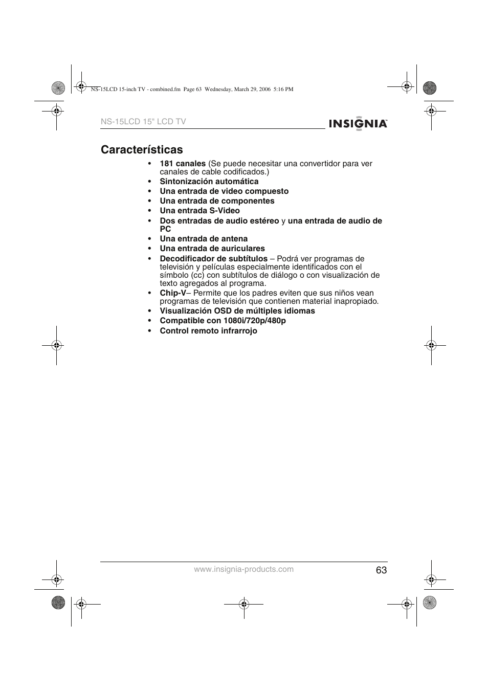 Características | Insignia NS-15LCD User Manual | Page 64 / 90