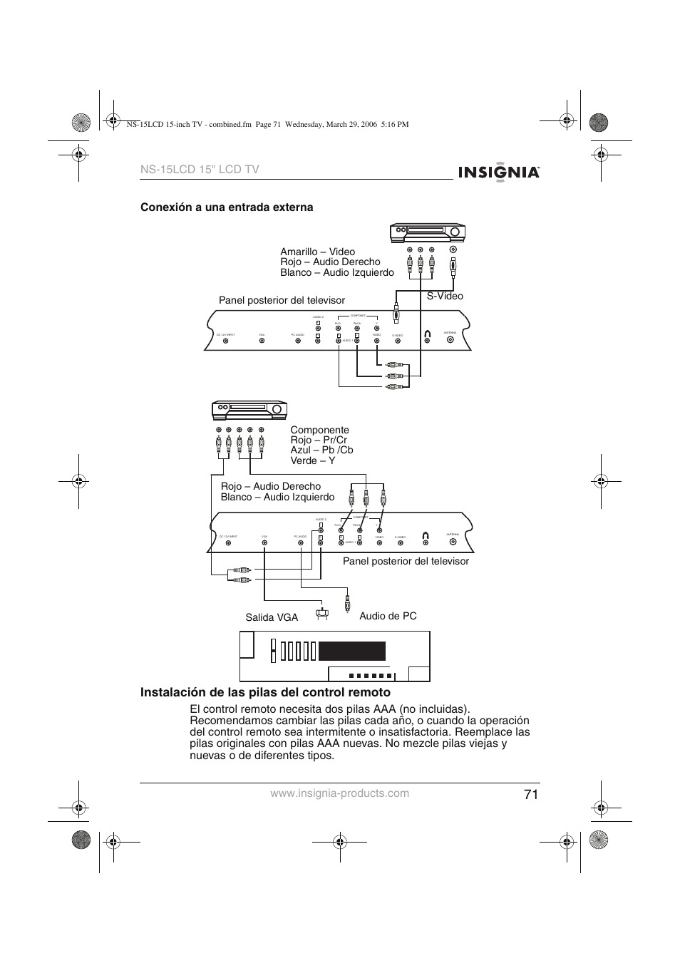 Instalación de las pilas del control remoto | Insignia NS-15LCD User Manual | Page 72 / 90