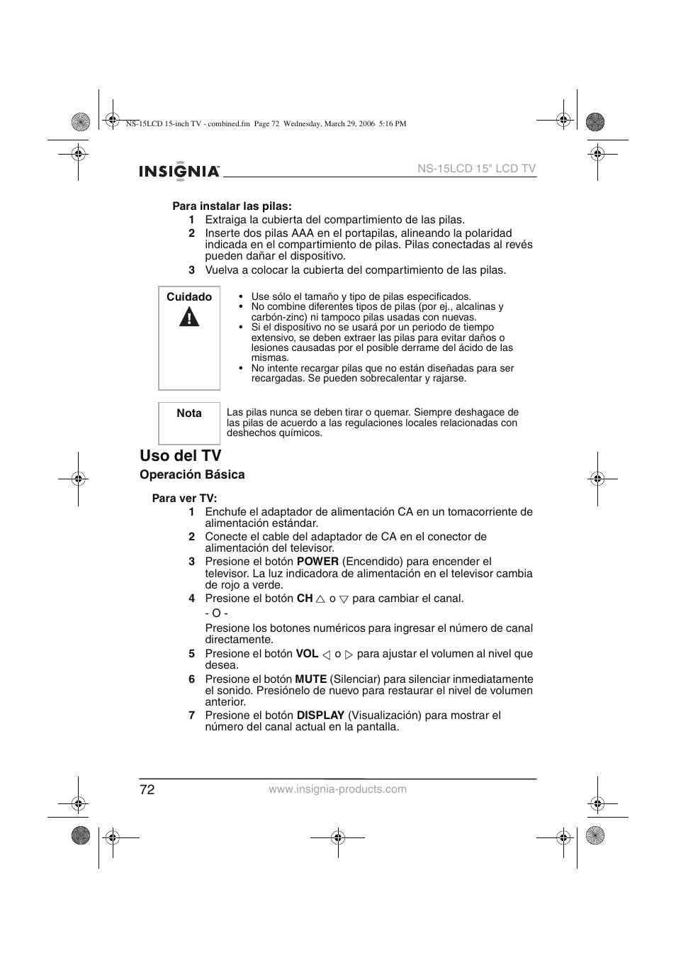 Uso del tv | Insignia NS-15LCD User Manual | Page 73 / 90