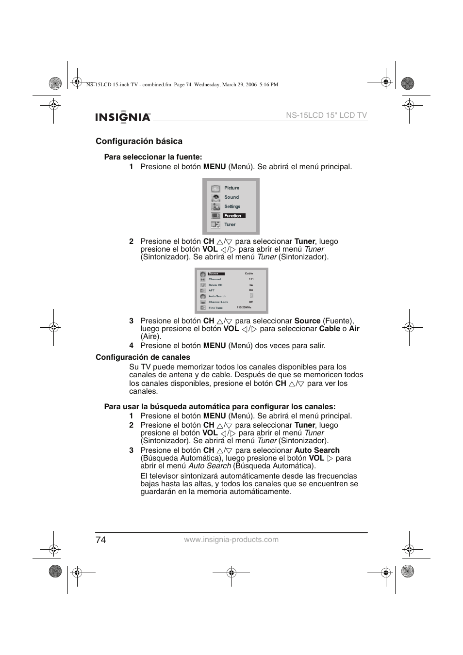 Configuración básica | Insignia NS-15LCD User Manual | Page 75 / 90