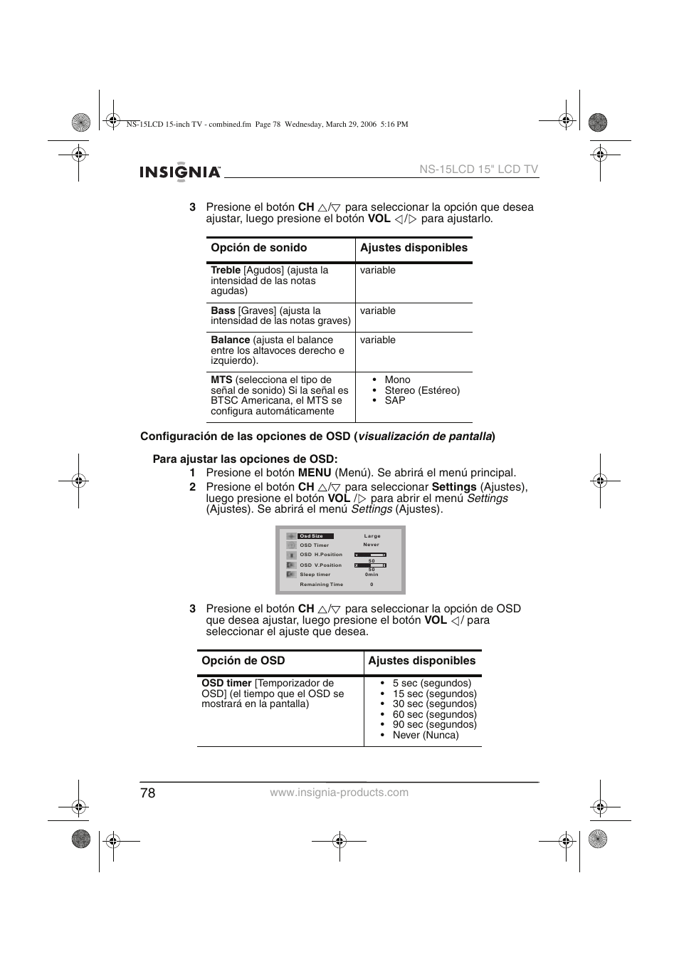 Visualización de pantalla, Settings | Insignia NS-15LCD User Manual | Page 79 / 90