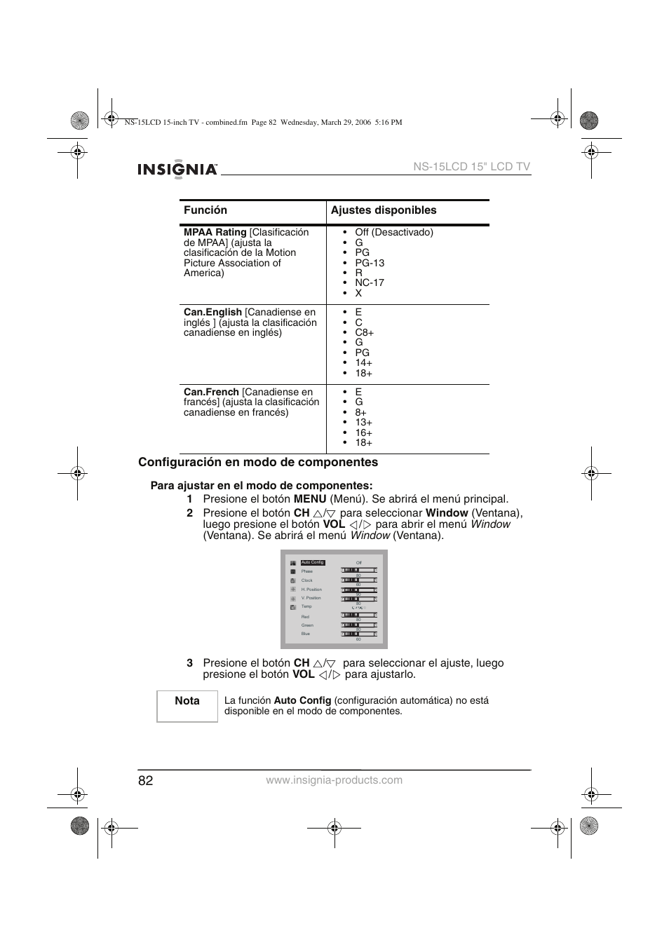 Configuración en modo de componentes, Window | Insignia NS-15LCD User Manual | Page 83 / 90