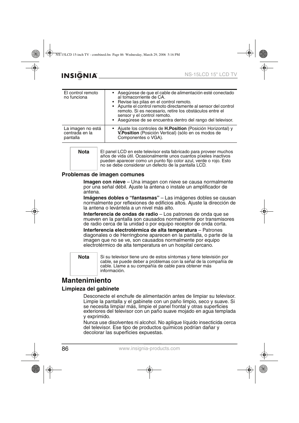Mantenimiento | Insignia NS-15LCD User Manual | Page 87 / 90