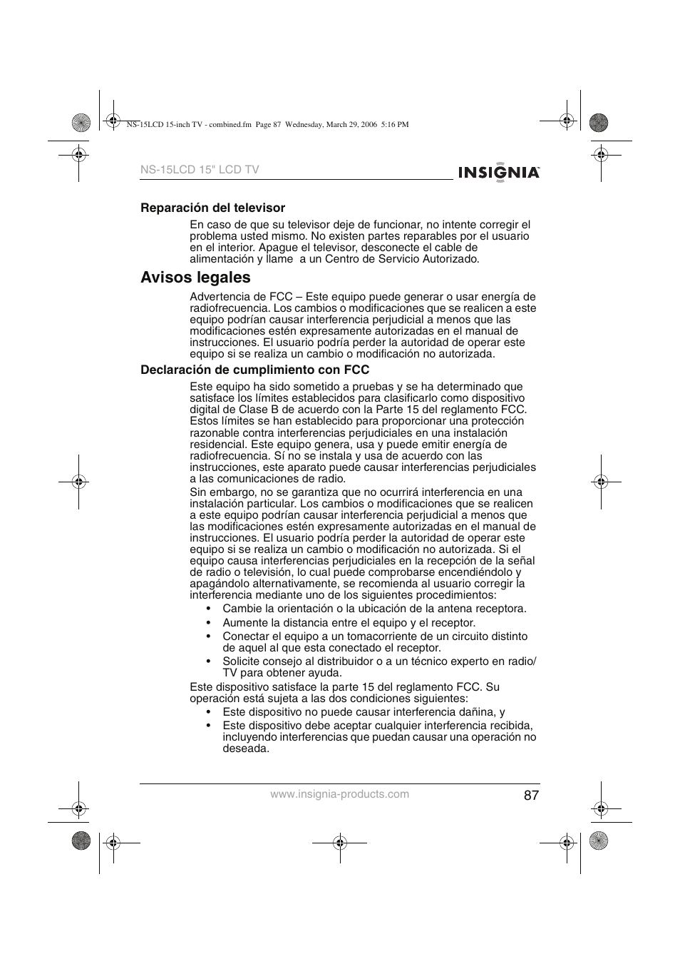 Avisos legales | Insignia NS-15LCD User Manual | Page 88 / 90