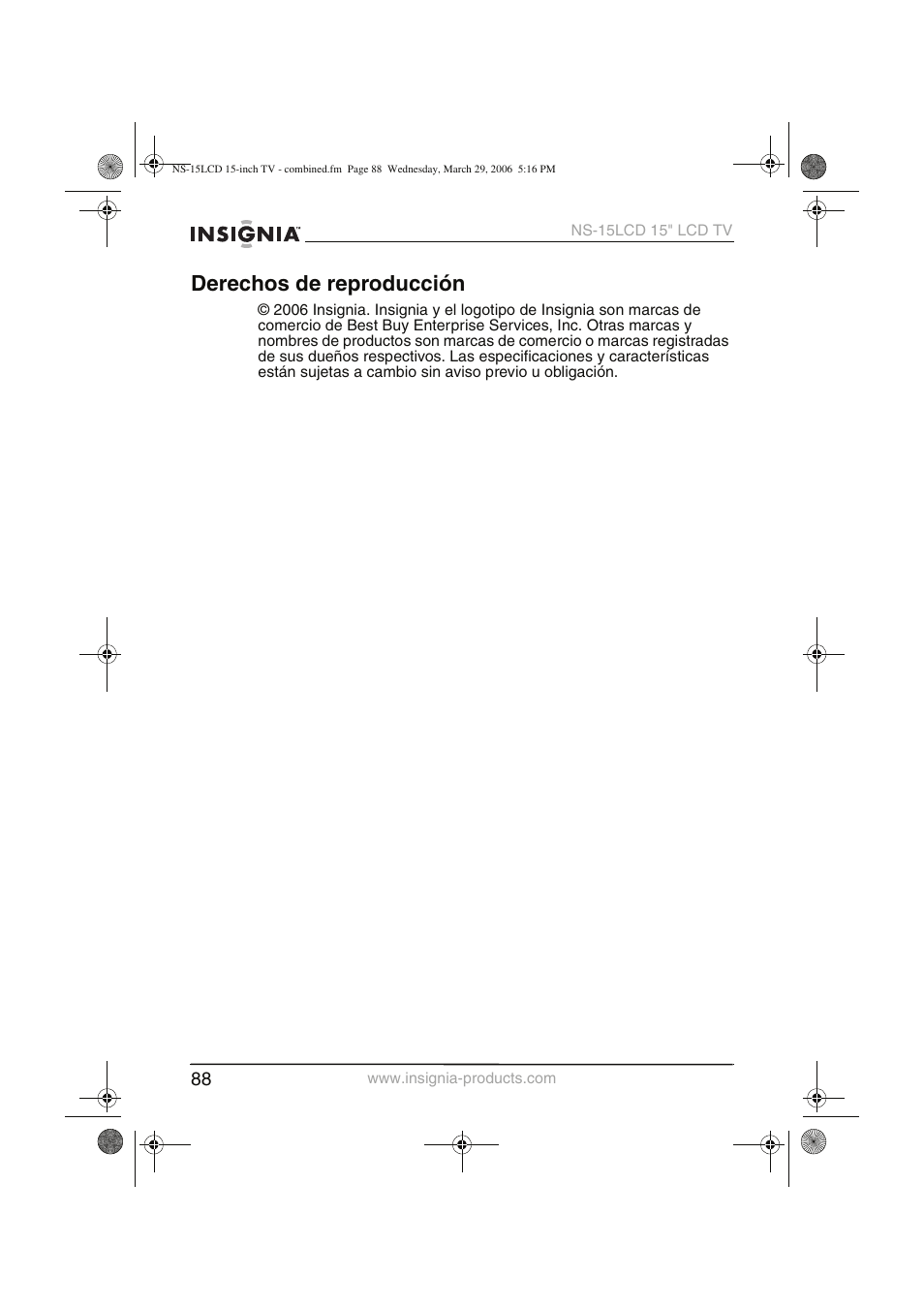 Derechos de reproducción | Insignia NS-15LCD User Manual | Page 89 / 90