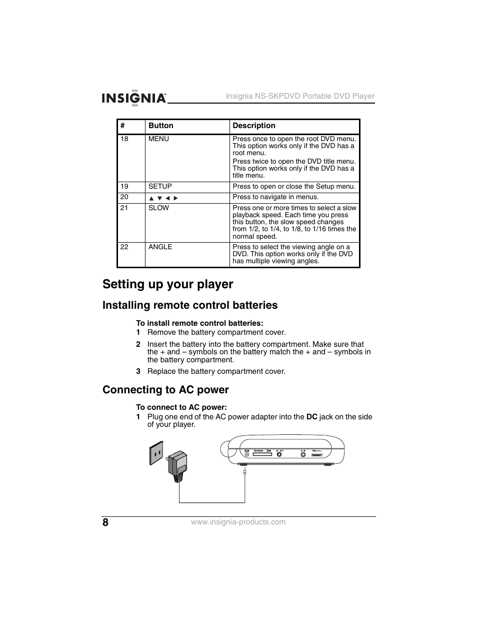 Setting up your player, Installing remote control batteries, Connecting to ac power | Insignia NS-SKPDVD User Manual | Page 10 / 36