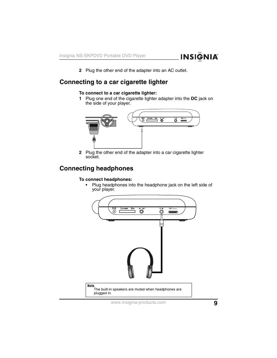 Connecting to a car cigarette lighter, Connecting headphones | Insignia NS-SKPDVD User Manual | Page 11 / 36