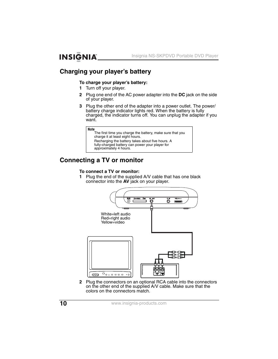 Charging your player’s battery, Connecting a tv or monitor | Insignia NS-SKPDVD User Manual | Page 12 / 36