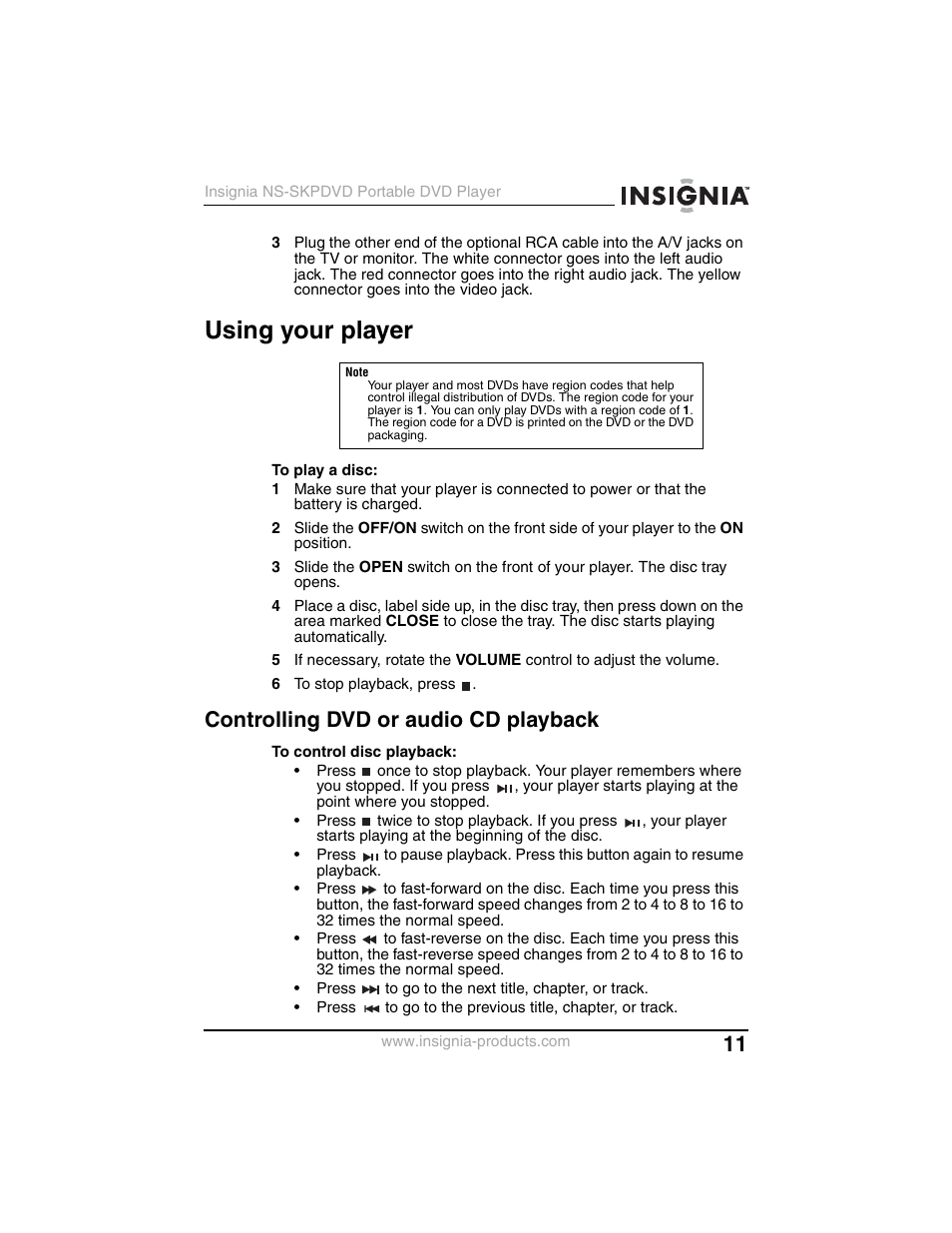 Using your player, Controlling dvd or audio cd playback | Insignia NS-SKPDVD User Manual | Page 13 / 36