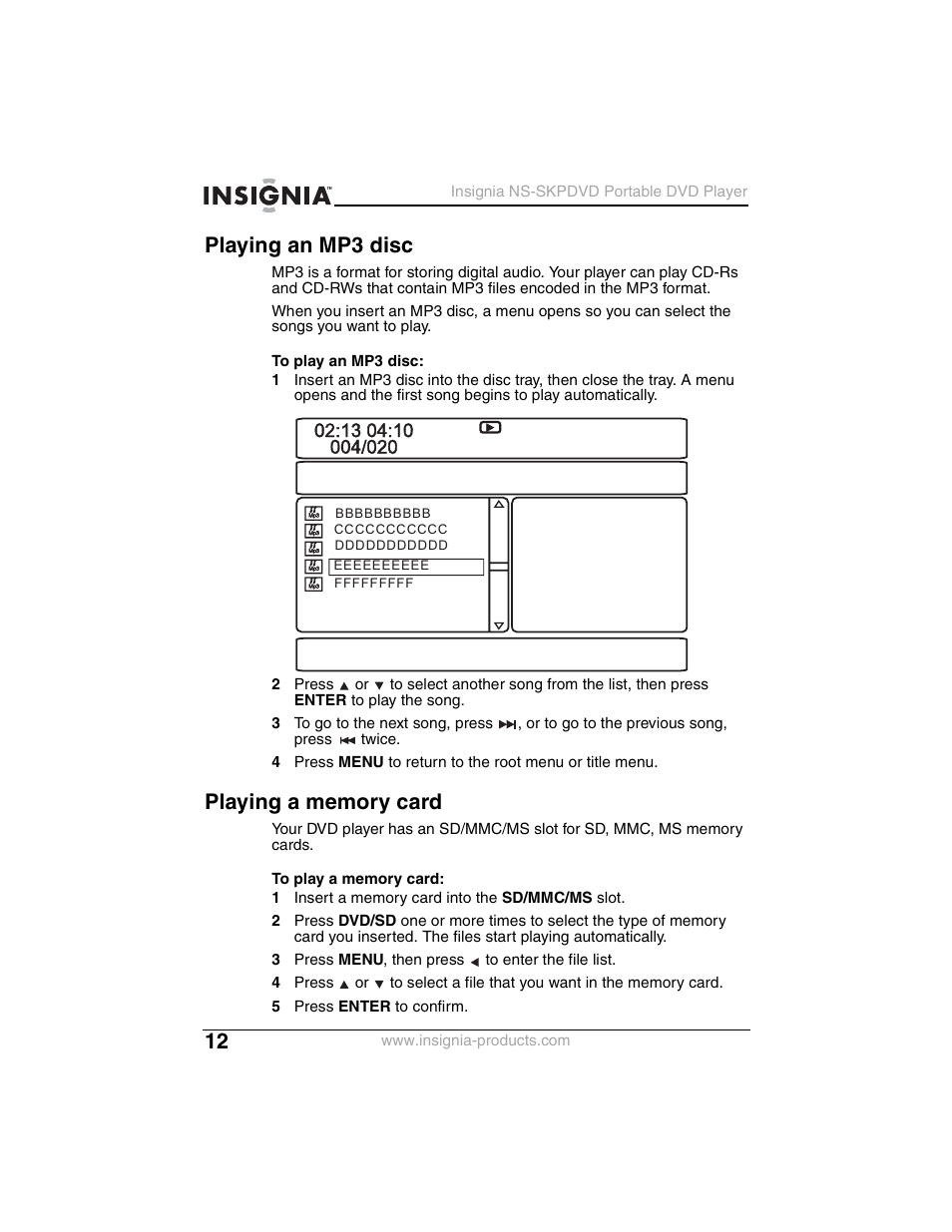 Playing an mp3 disc, Playing a memory card | Insignia NS-SKPDVD User Manual | Page 14 / 36