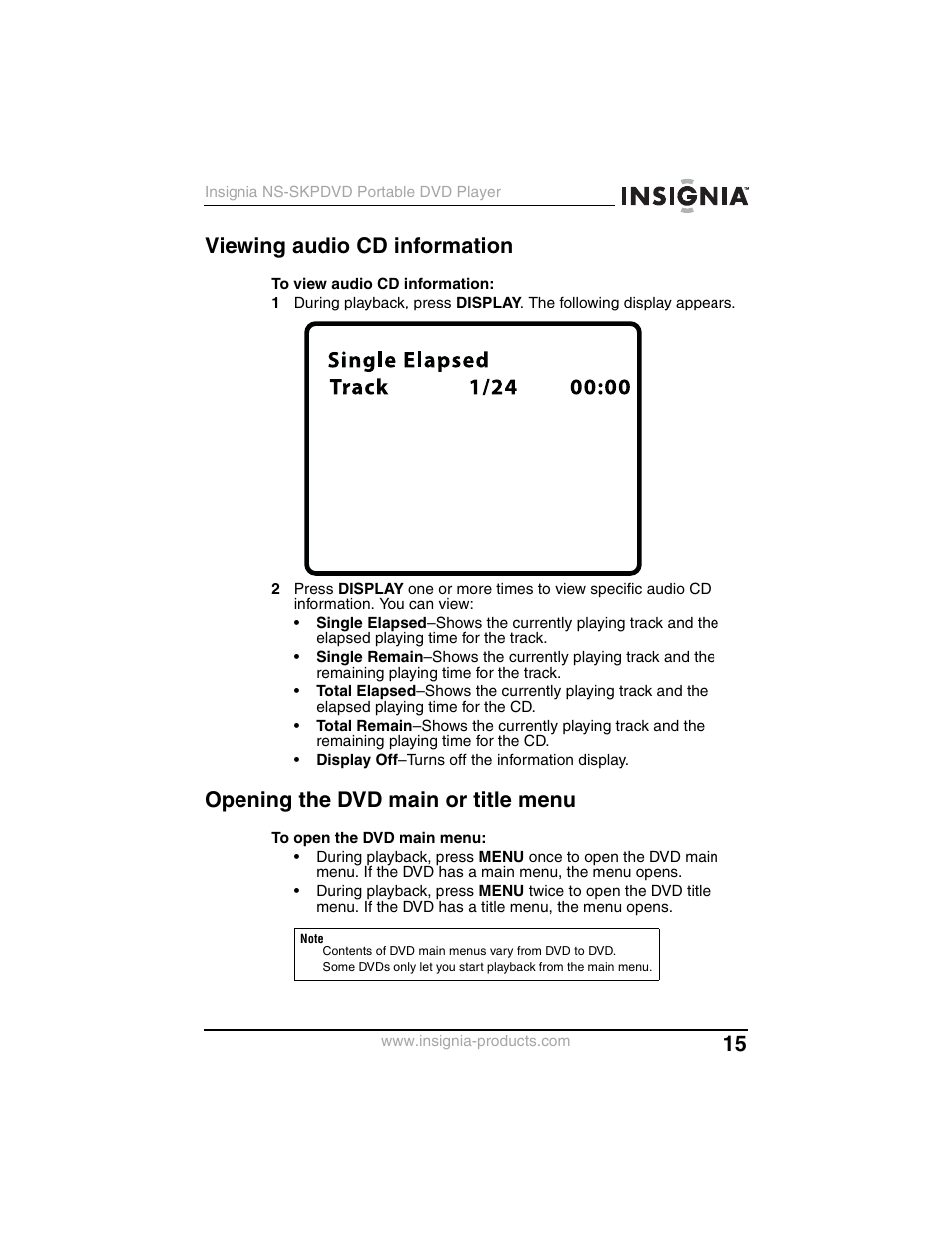 Viewing audio cd information, Opening the dvd main or title menu | Insignia NS-SKPDVD User Manual | Page 17 / 36