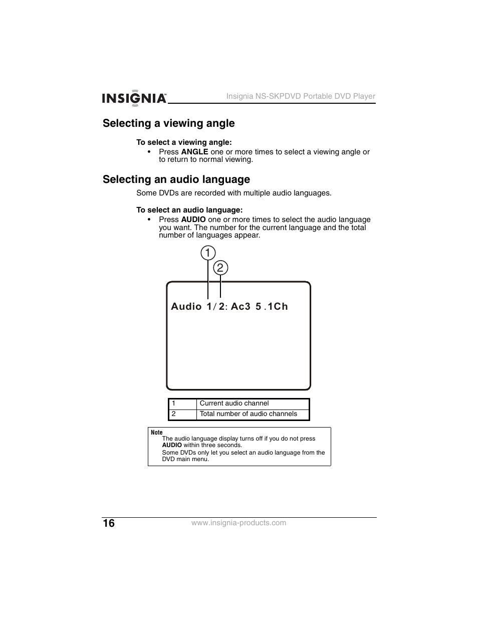 Selecting a viewing angle, Selecting an audio language | Insignia NS-SKPDVD User Manual | Page 18 / 36