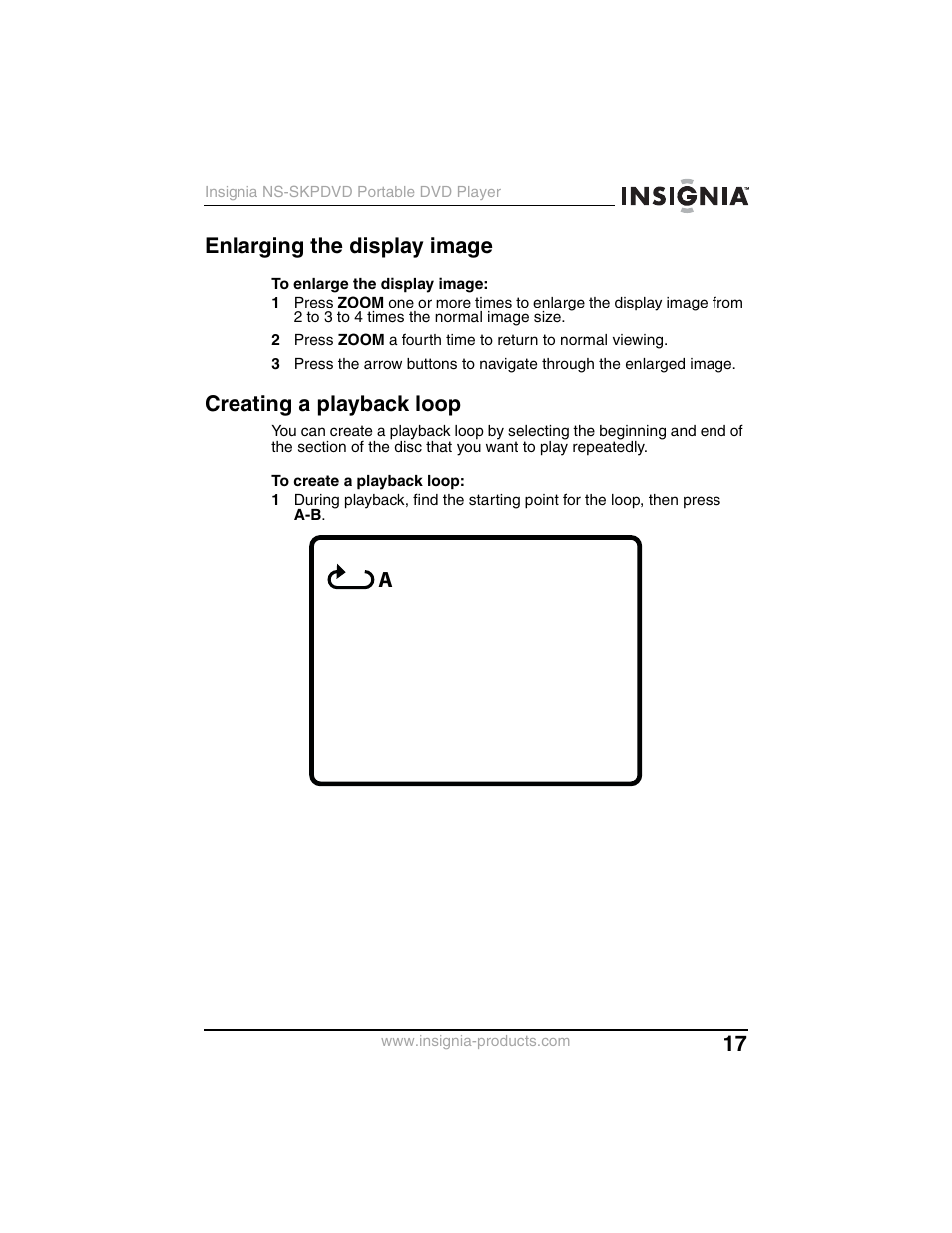 Enlarging the display image, Creating a playback loop | Insignia NS-SKPDVD User Manual | Page 19 / 36
