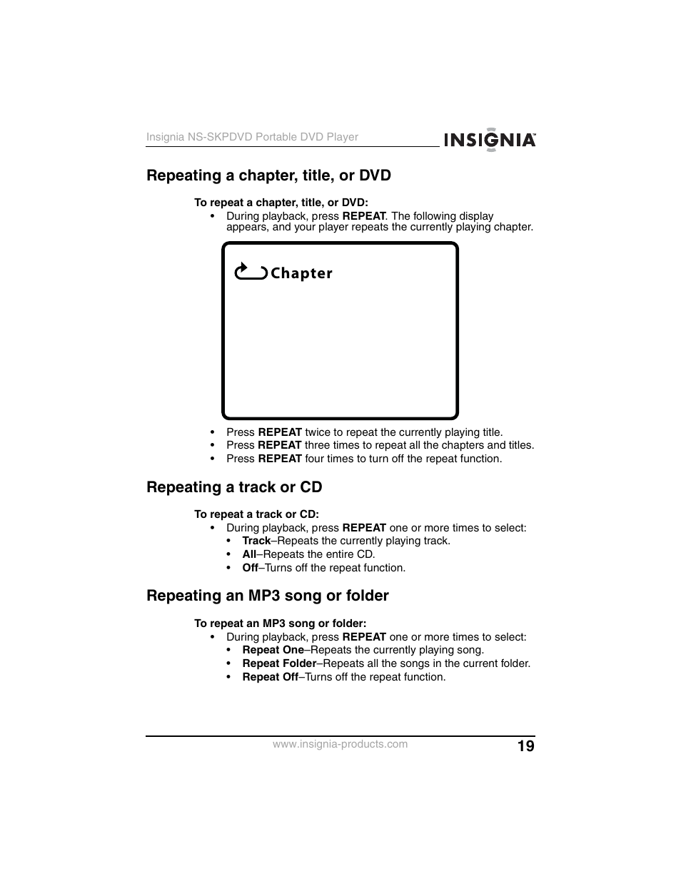 Repeating a chapter, title, or dvd, Repeating a track or cd, Repeating an mp3 song or folder | Chapter | Insignia NS-SKPDVD User Manual | Page 21 / 36