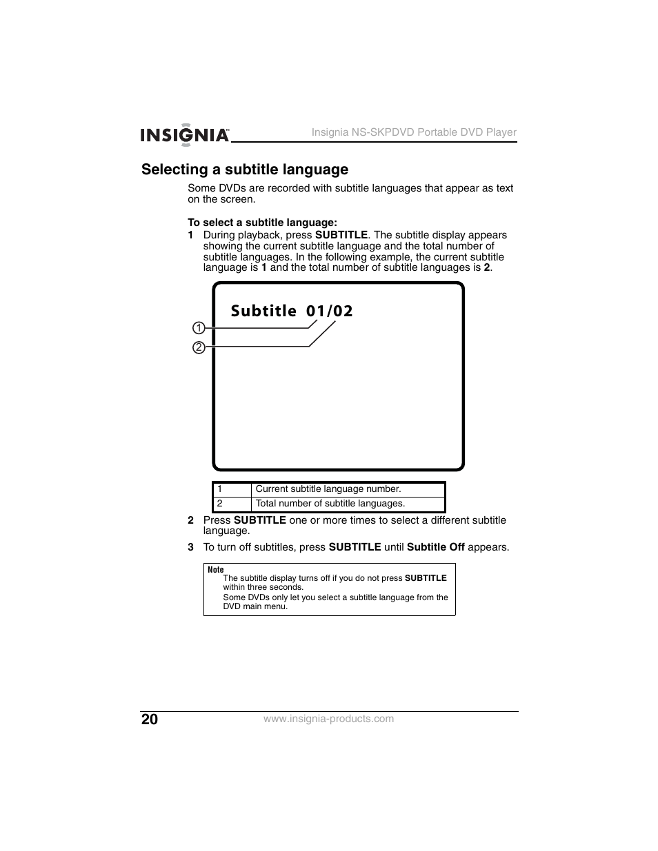 Selecting a subtitle language, Subtitle 01/02 | Insignia NS-SKPDVD User Manual | Page 22 / 36