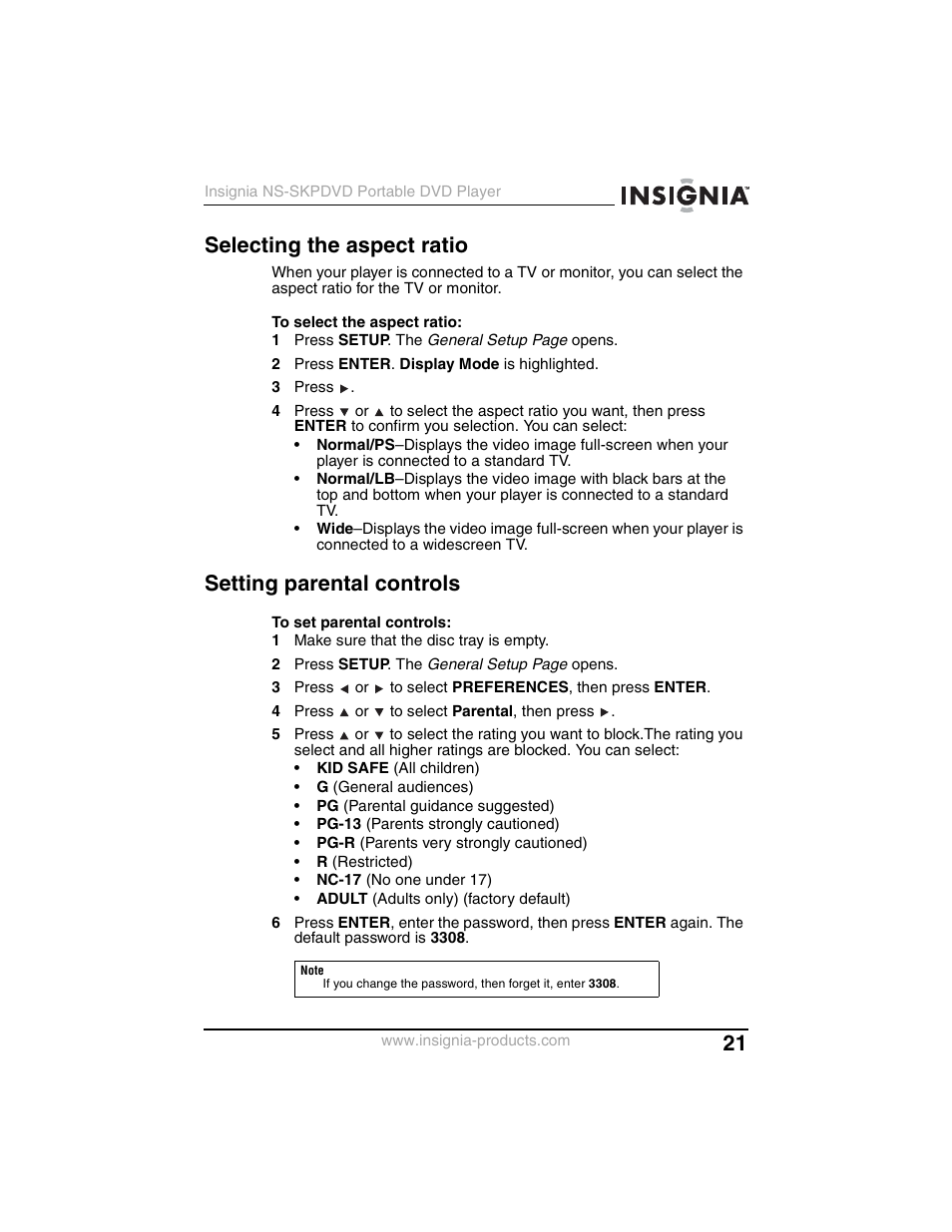 Selecting the aspect ratio, Setting parental controls | Insignia NS-SKPDVD User Manual | Page 23 / 36