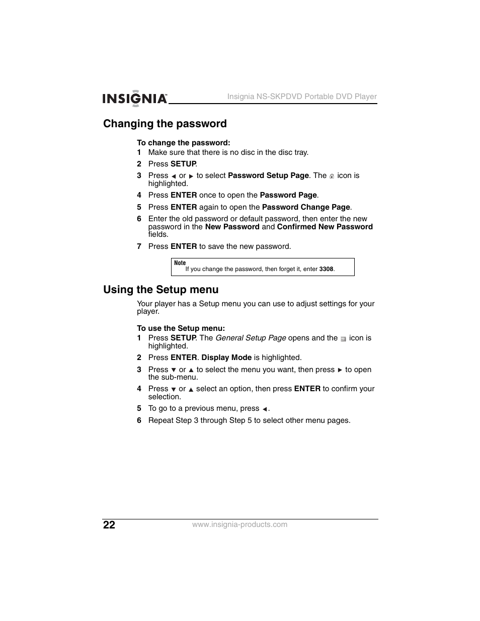Changing the password, Using the setup menu | Insignia NS-SKPDVD User Manual | Page 24 / 36