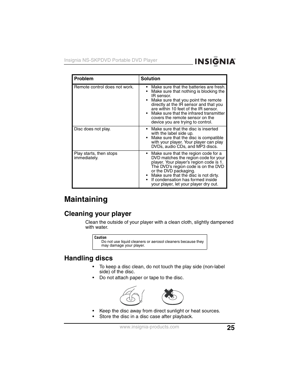 Maintaining, Cleaning your player, Handling discs | Insignia NS-SKPDVD User Manual | Page 27 / 36
