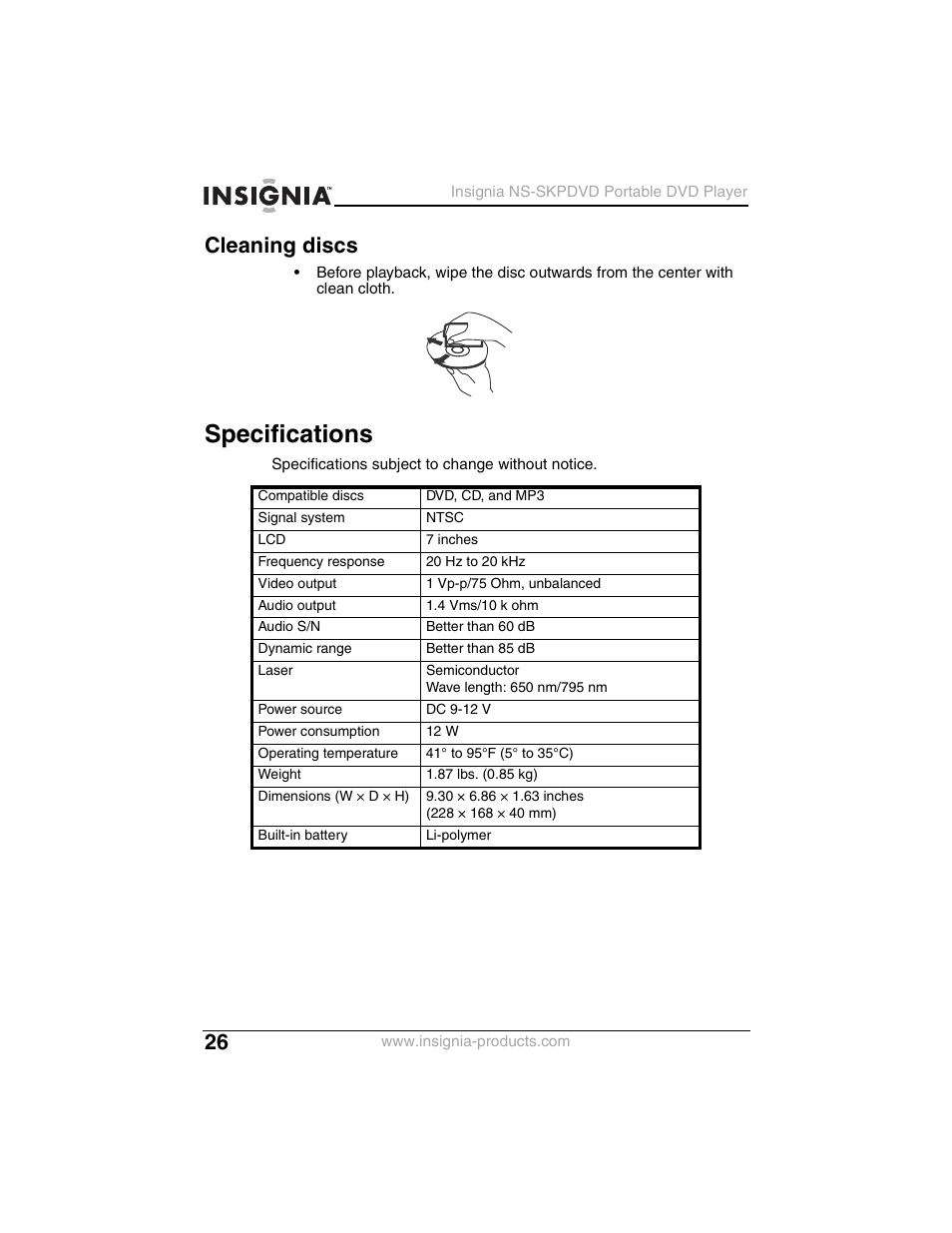 Cleaning discs, Specifications | Insignia NS-SKPDVD User Manual | Page 28 / 36