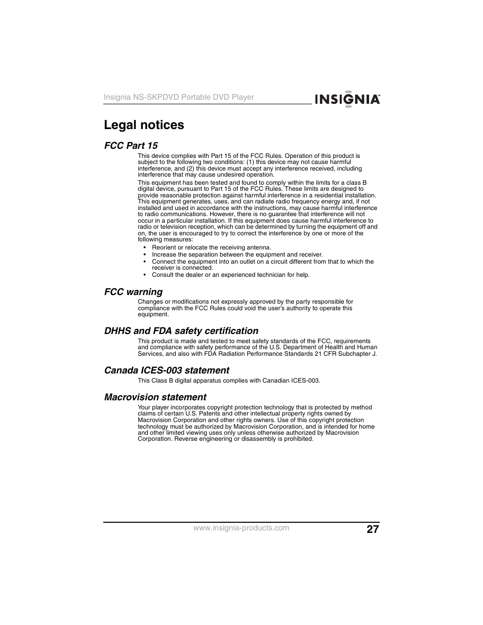 Legal notices, Fcc part 15, Fcc warning | Dhhs and fda safety certification, Canada ices-003 statement, Macrovision statement | Insignia NS-SKPDVD User Manual | Page 29 / 36