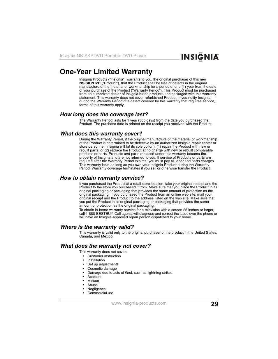 How long does the coverage last, What does this warranty cover, How to obtain warranty service | Where is the warranty valid, What does the warranty not cover, One-year limited warranty | Insignia NS-SKPDVD User Manual | Page 31 / 36
