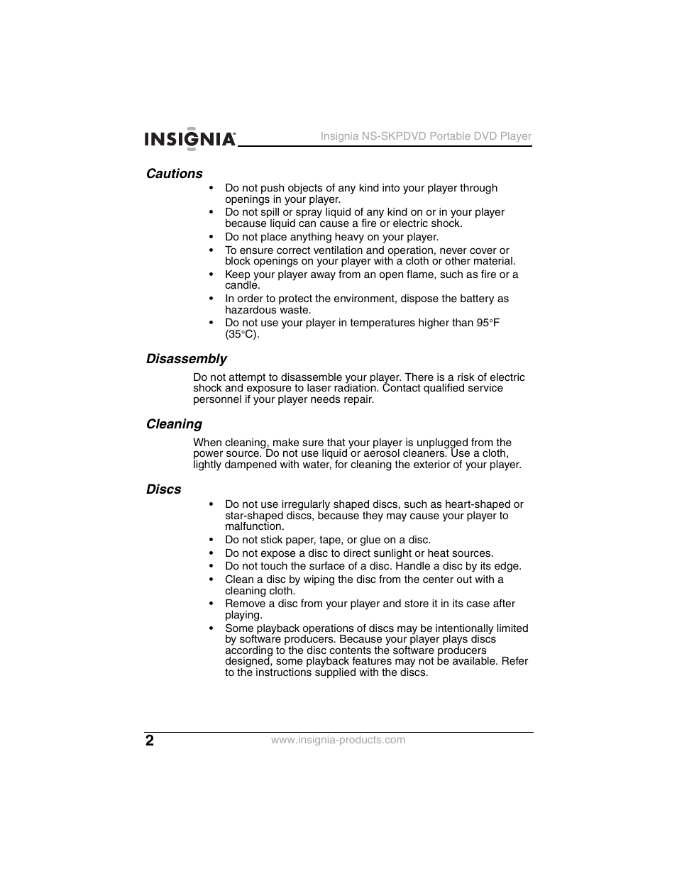 Cautions, Disassembly, Cleaning | Discs | Insignia NS-SKPDVD User Manual | Page 4 / 36