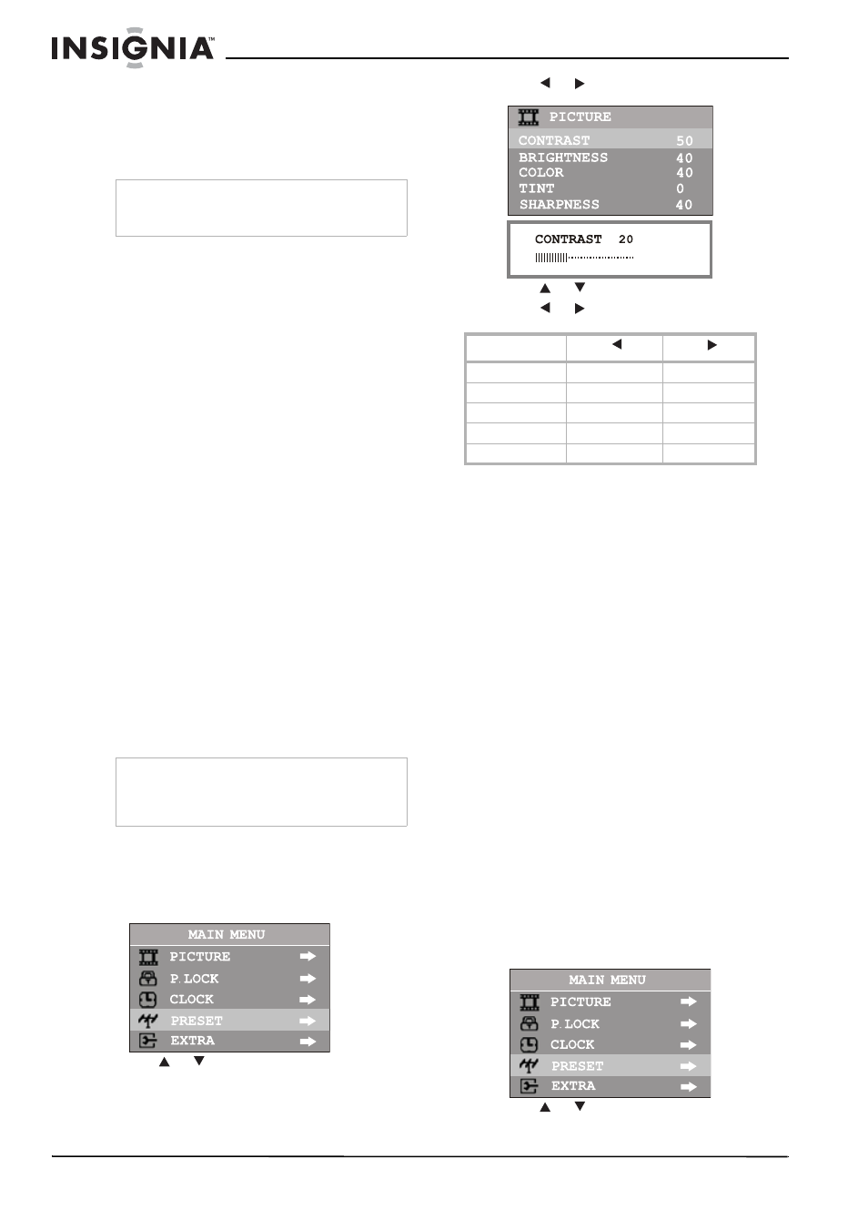 Information about usa channel numbering, Channel numbering example, Controlling the sound | Using the vol+ and vol- buttons, Using the mute button, Adjusting the picture, Selecting a picture mode, Changing picture size, Using the clock | Insignia NS-F24TV User Manual | Page 12 / 66
