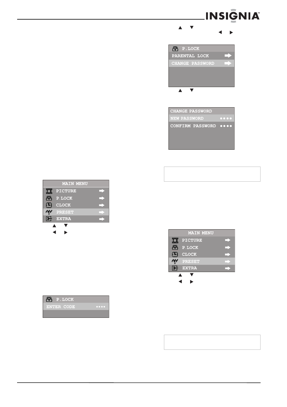 Using the parental controls, Setting the initial p.lock password, Resetting a forgotten password | Turning on parental controls | Insignia NS-F24TV User Manual | Page 15 / 66