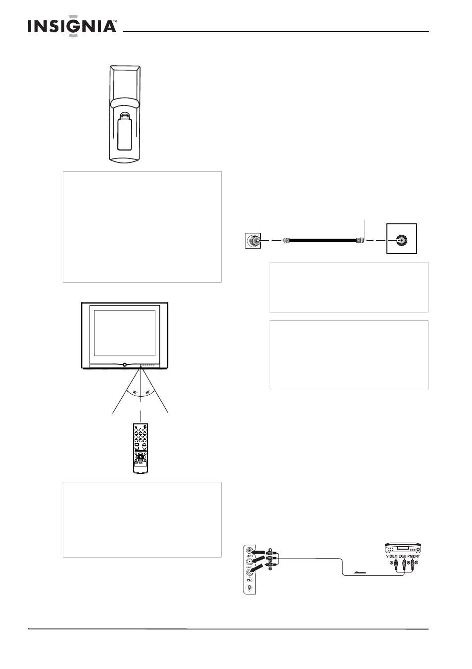 Utilisation de la télécommande, Configuration du téléviseur, Déballage du téléviseur | Emplacement du téléviseur, Connexion à une antenne ou à la télévision câblée, Connexion d'un équipement audio et vidéo | Insignia NS-F24TV User Manual | Page 26 / 66