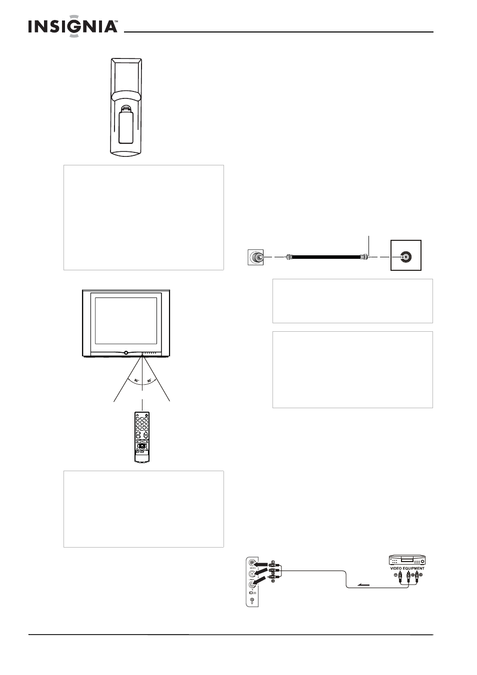 Uso del control remoto, Configuración de su televisor, Desempaque de su televisor | Ubicación del televisor, Conexión de equipo de video y audio | Insignia NS-F24TV User Manual | Page 48 / 66
