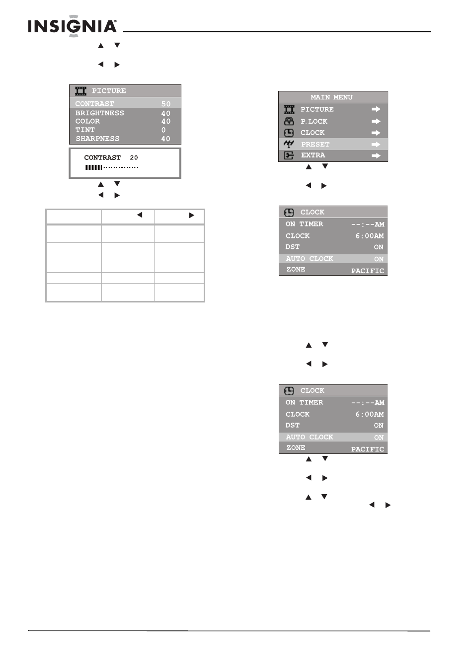Selección del modo de imagen, Cambio de tamaño de la imagen, Uso del reloj | Ajuste automático del reloj, Ajuste manual del reloj | Insignia NS-F24TV User Manual | Page 54 / 66