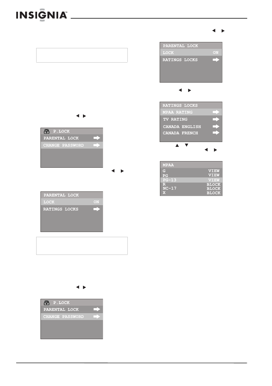 Activación de los controles de los padres, Configuración de las clasificaciones mpaa, Configuración de las clasificaciones de tv | Insignia NS-F24TV User Manual | Page 58 / 66