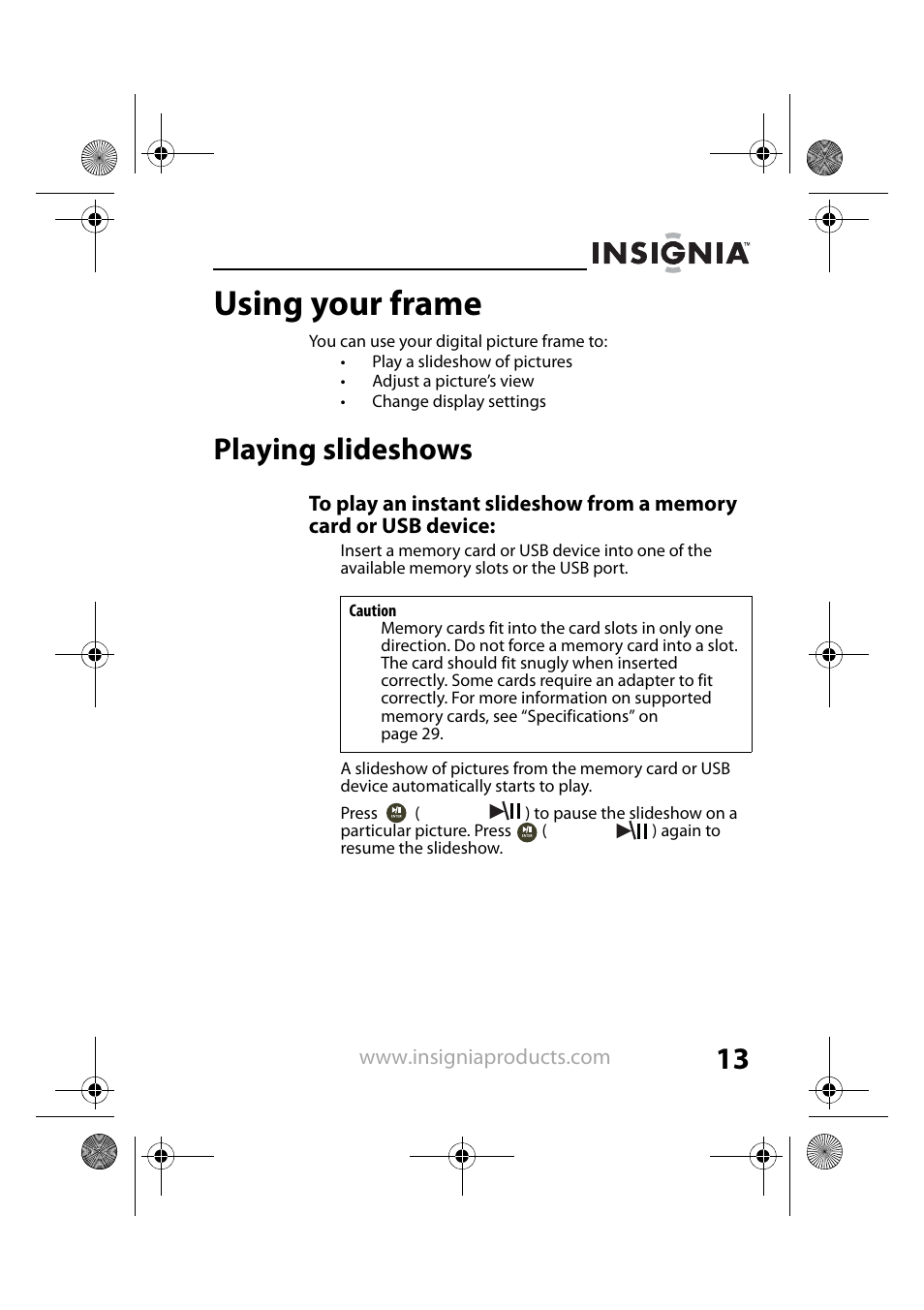 Using your frame, Playing slideshows | Insignia NS-DPF7G User Manual | Page 12 / 33