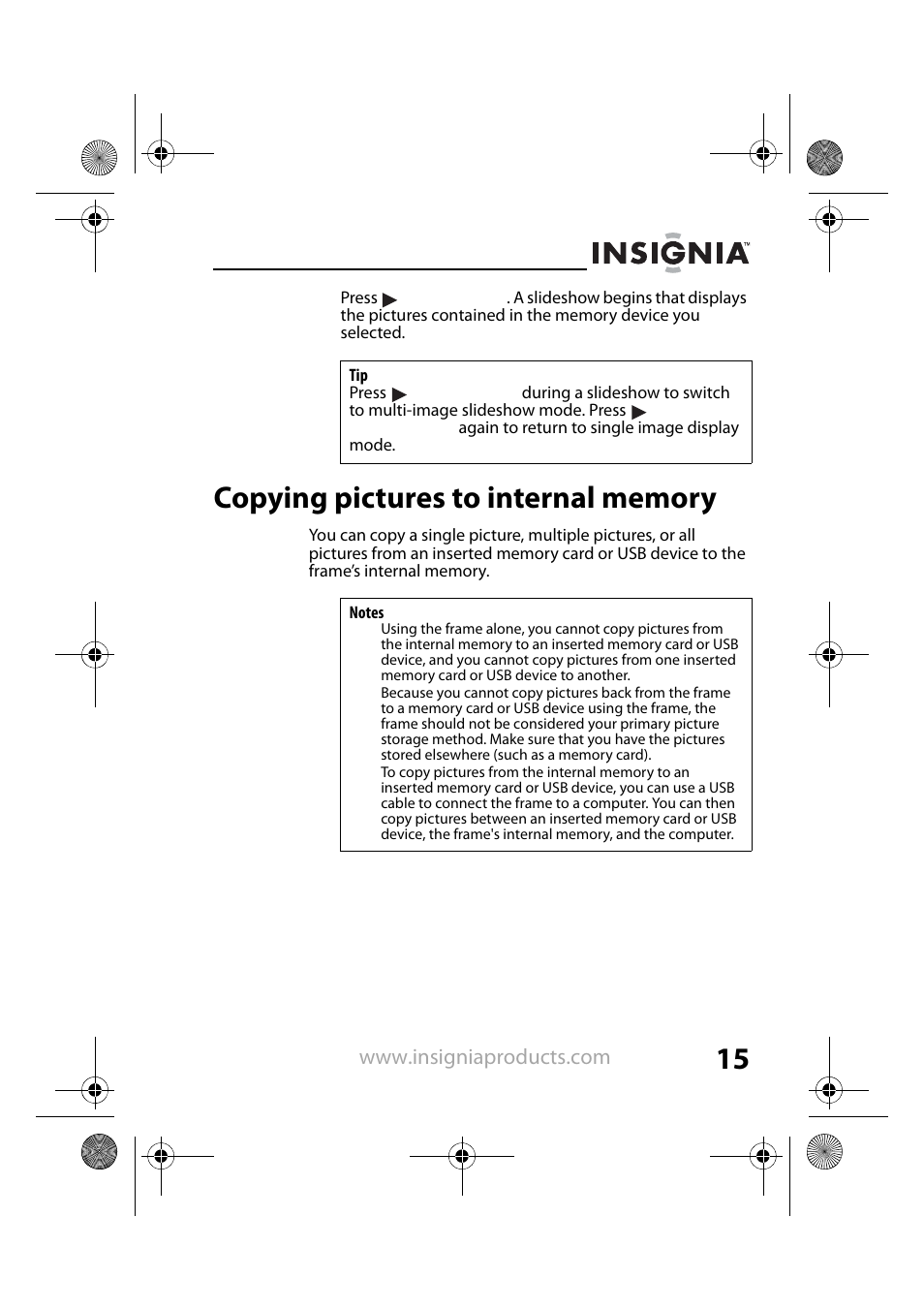 Copying pictures to internal memory | Insignia NS-DPF7G User Manual | Page 14 / 33