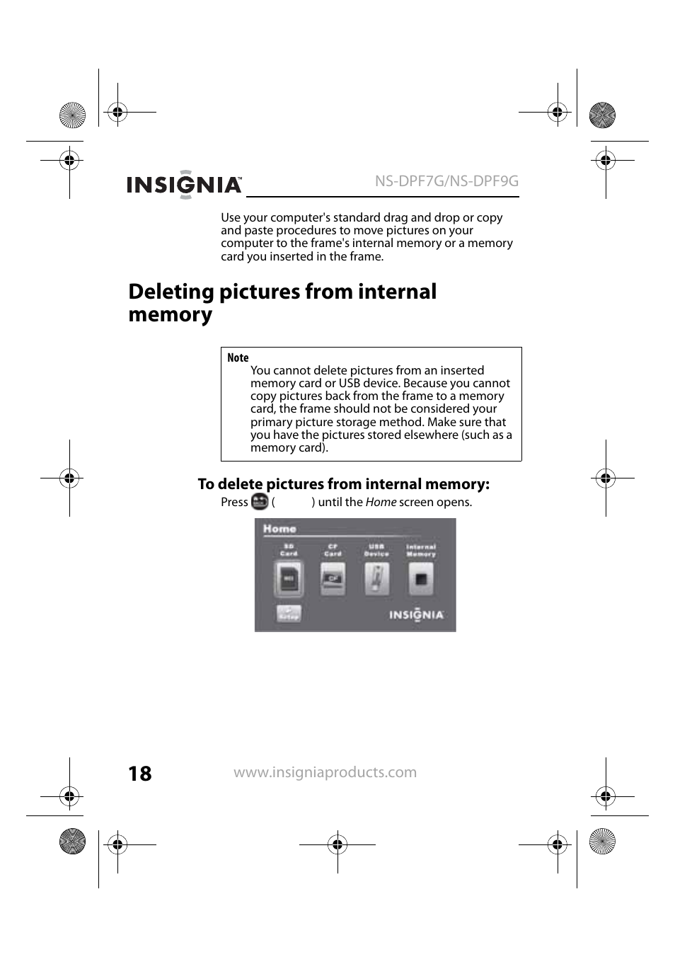 Deleting pictures from internal memory | Insignia NS-DPF7G User Manual | Page 17 / 33