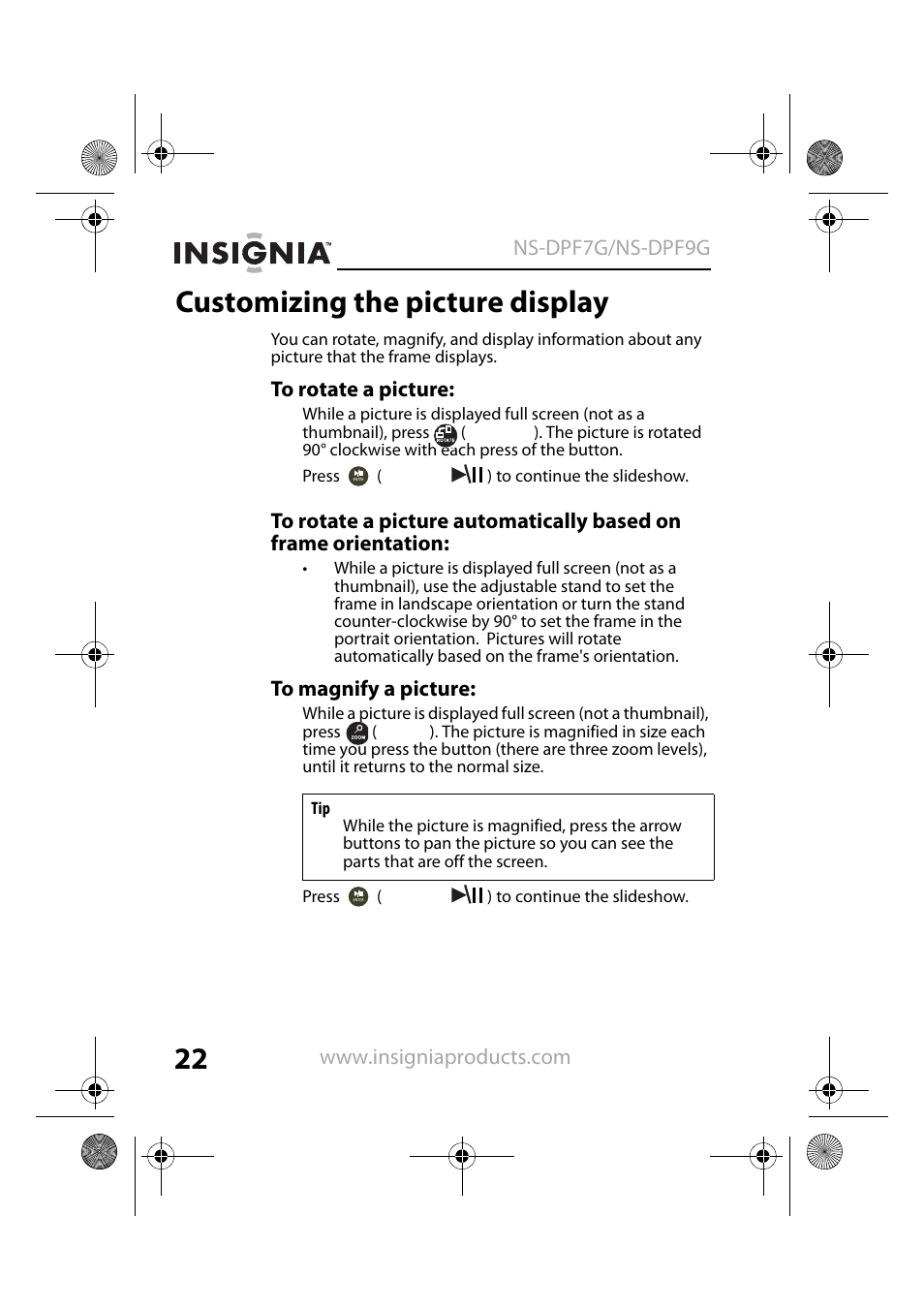 Customizing the picture display | Insignia NS-DPF7G User Manual | Page 21 / 33