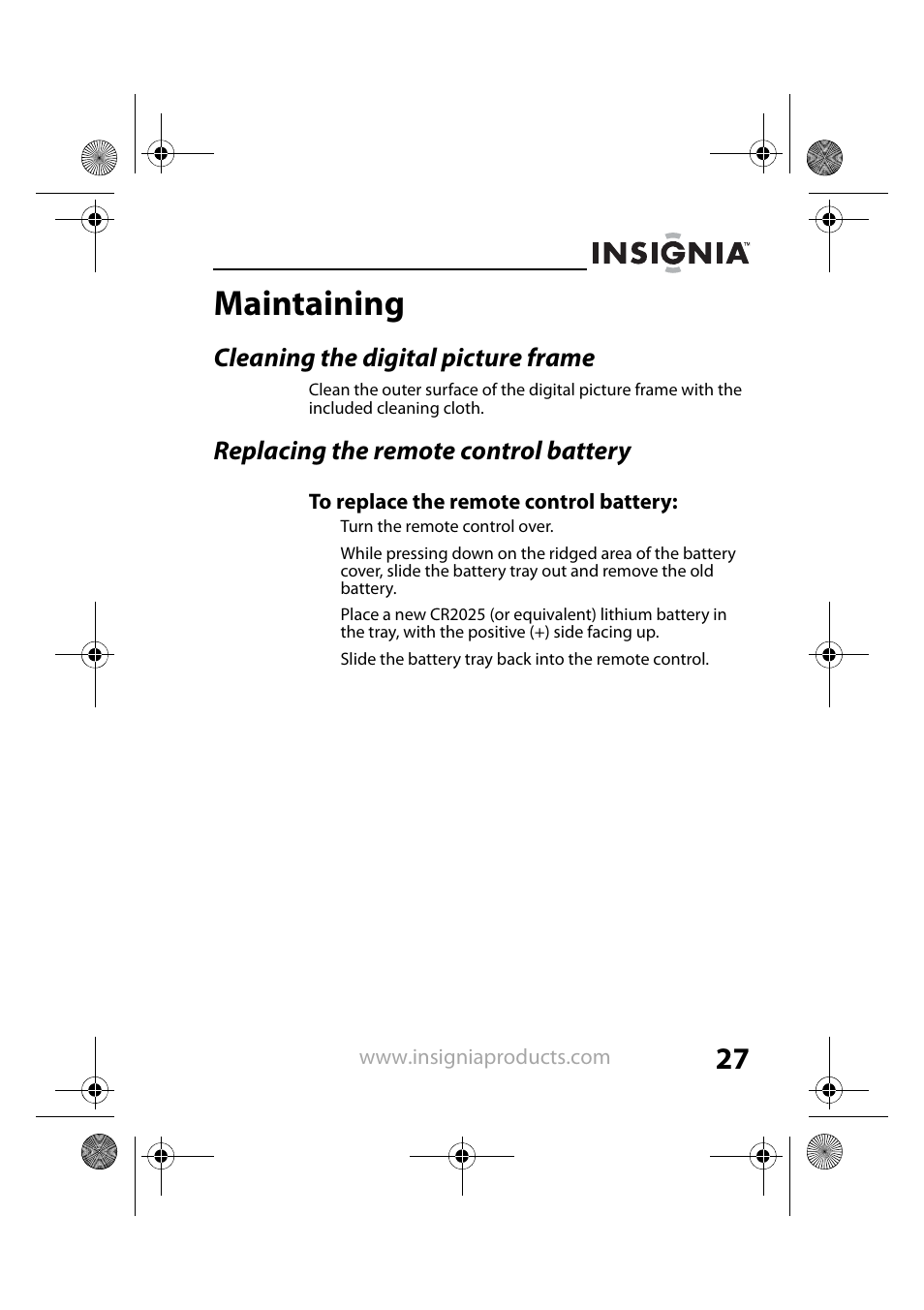 Maintaining, Cleaning the digital picture frame, Replacing the remote control battery | Insignia NS-DPF7G User Manual | Page 26 / 33