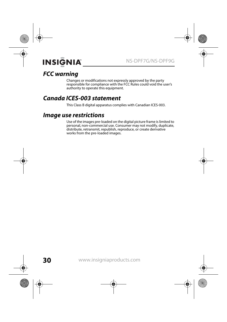 Fcc warning, Canada ices-003 statement, Image use restrictions | Insignia NS-DPF7G User Manual | Page 29 / 33