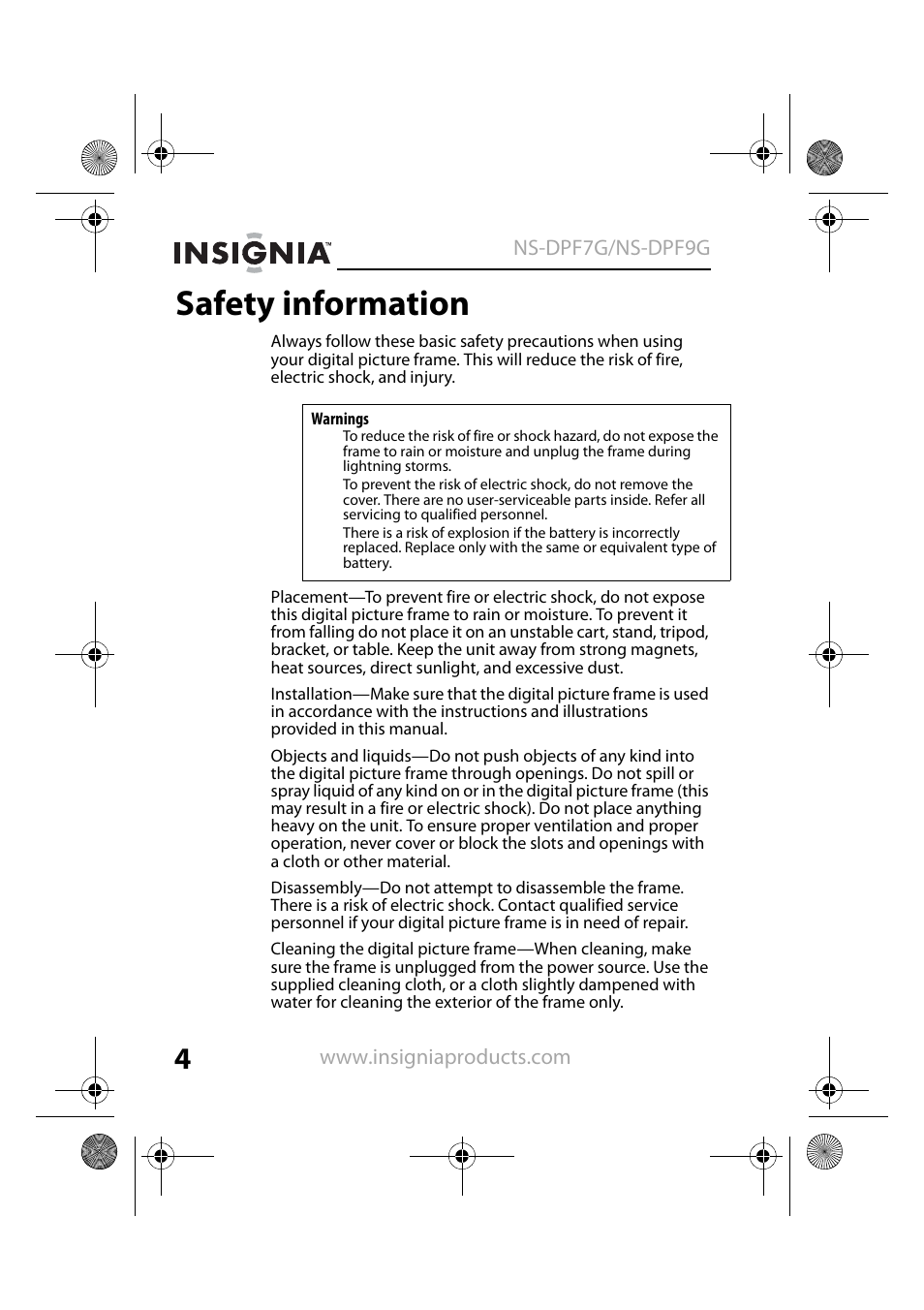 Safety information | Insignia NS-DPF7G User Manual | Page 3 / 33