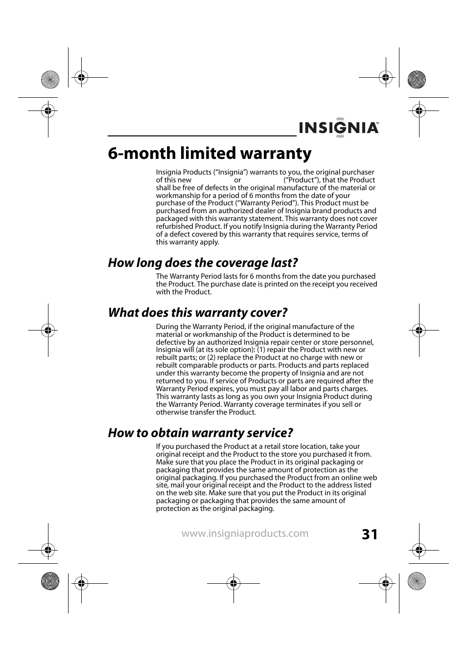 How long does the coverage last, What does this warranty cover, How to obtain warranty service | Month limited warranty | Insignia NS-DPF7G User Manual | Page 30 / 33