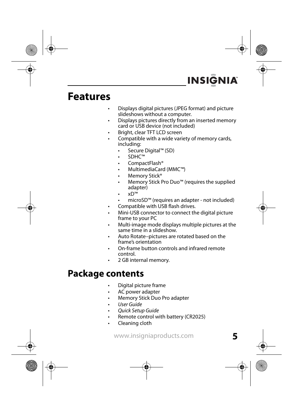 Features, Package contents | Insignia NS-DPF7G User Manual | Page 4 / 33