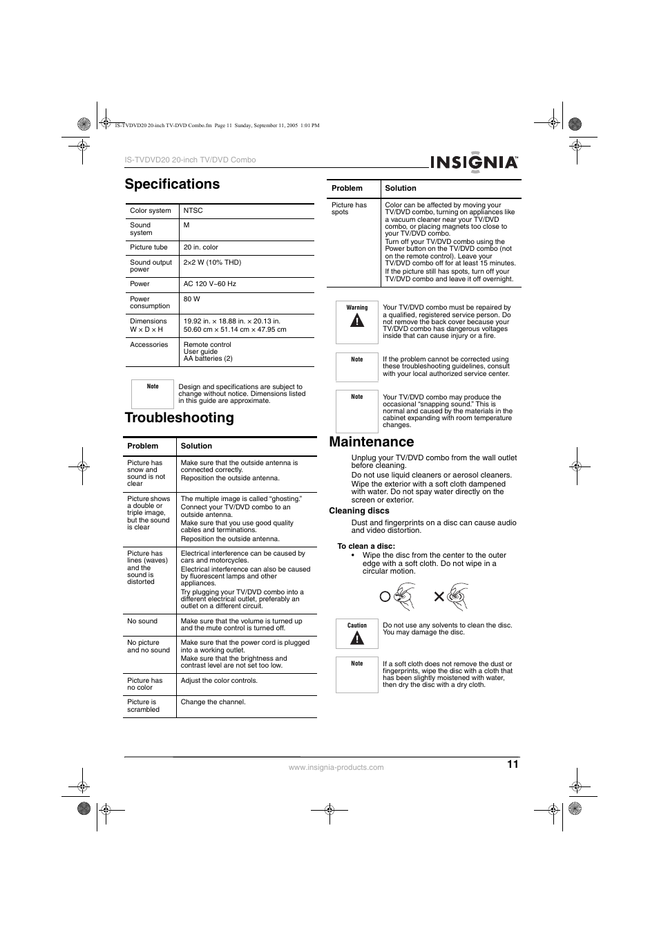 Specifications troubleshooting maintenance | Insignia IS-TVDVD20 User Manual | Page 13 / 44