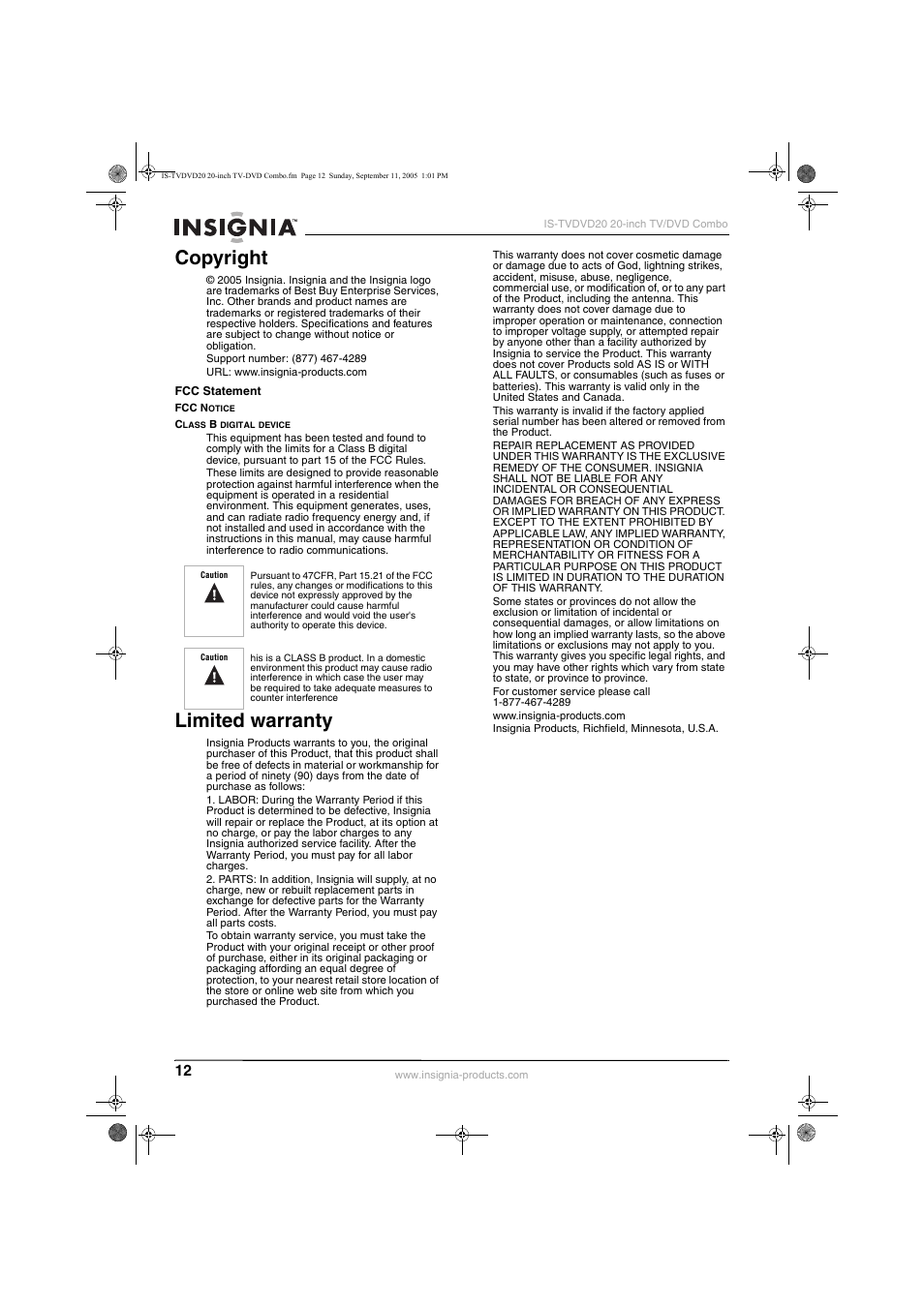 Copyright, Limited warranty | Insignia IS-TVDVD20 User Manual | Page 14 / 44